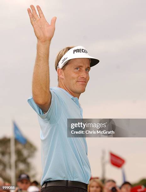 Stuart Appleby of Australia salutes the crowd after winning the Holden Australian Open Golf Tournament held at The Grand Golf Club, Gold Coast,...