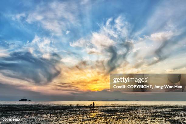 a family walking around the mud field after sunset - jong won heo stock pictures, royalty-free photos & images