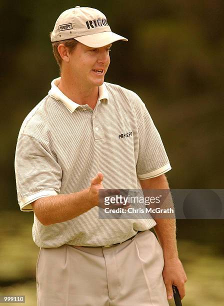 Scott Laycock of Australia shows his frustration after missing a putt on the 12th hole during the final round of the Holden Australian Open Golf...