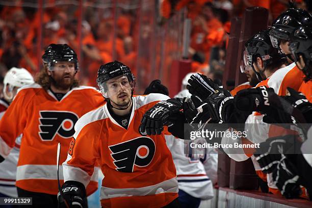 Danny Briere of the Philadelphia Flyers celebrates with his teammates after a goal in Game 1 of the Eastern Conference Finals during the 2010 NHL...