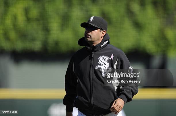 Manager Ozzie Guillen of the Chicago White Sox looks on against the Toronto Blue Jays on May 9, 2010 at U.S. Cellular Field in Chicago, Illinois. The...