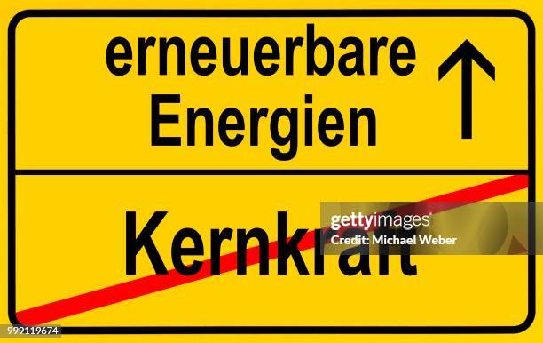 symbolic image in the form of a town sign, in german, exit from nuclear power, entrance into renewable energy sources - freund oder freundlichkeit stock-grafiken, -clipart, -cartoons und -symbole