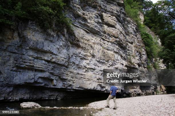 a hiker standing in front of the amselfelsen, a huge limestone wall in the wutach gorge nature reserve, black forest, baden-wuerttemberg, germany - reserve athlete stock-fotos und bilder