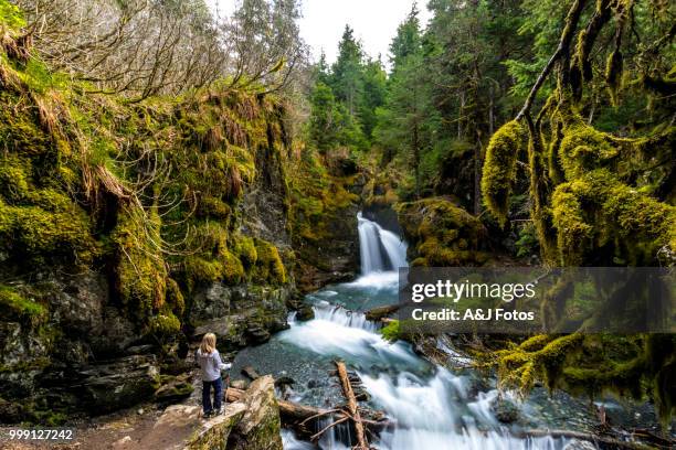 vrouw kijken naar rotsachtige waterval - southern european descent stockfoto's en -beelden