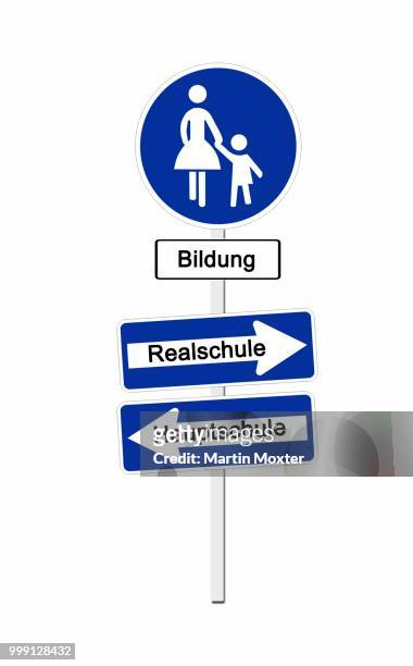 ilustrações de stock, clip art, desenhos animados e ícones de pedestrian zone sign labeled bildung, german for education, and one-way-street signs labeled realschule and hauptschule, two forms of german high schools, symbolic image for the parental decision about the future of school children - see things differently
