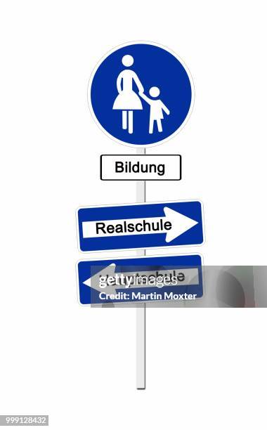 pedestrian zone sign labeled bildung, german for education, and one-way-street signs labeled realschule and hauptschule, two forms of german high schools, symbolic image for the parental decision about the future of school children - look differently stock illustrations