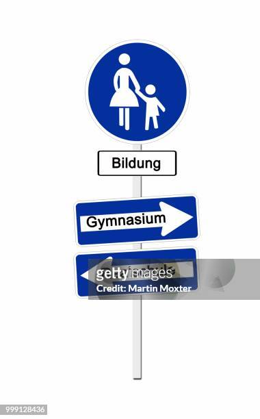pedestrian zone sign labeled bildung, german for education, and one-way-street signs labeled gymnasium and realschule, two forms of german high schools, symbolic image for the parental decision about the future of school children - bildung stock illustrations