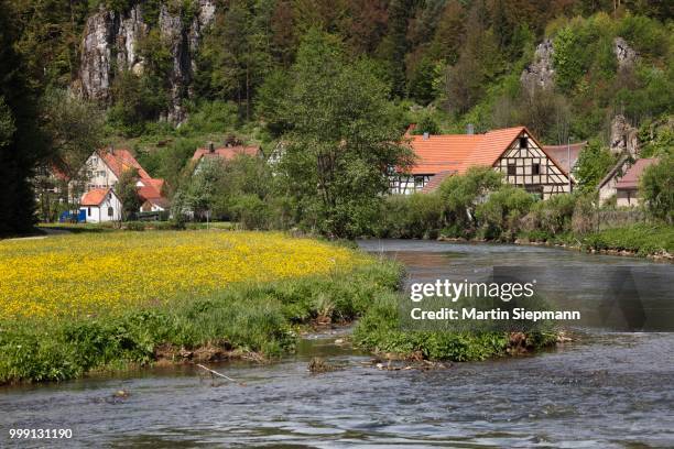 pegnitz river and lungsdorf, municipality of hartstein, hersbrucker alb mountains, middle franconia, franconia, bavaria, germany, publicground - fachwerk stockfoto's en -beelden