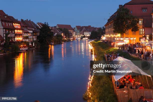 klein-venedig, little venice, with regnitz river, during sandkerwa, folk festival, bamberg, upper franconia, franconia, bavaria, germany, publicground - regnitz stockfoto's en -beelden