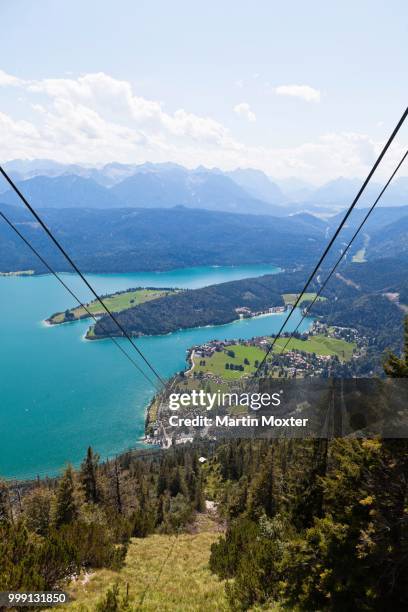 view from herzogstandbahn, cable car, to walchensee lake, district of bad toelz-wolfratshausen, upper bavaria, bavaria, germany, publicground - wolfratshausen stock-fotos und bilder