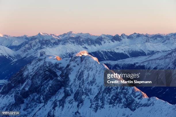 view from zugspitze mountain over hohe munde mountain, 2662m asl, in the mieminger mountains, bavaria, germany, tyrol, austria - wetterstein mountains stock pictures, royalty-free photos & images