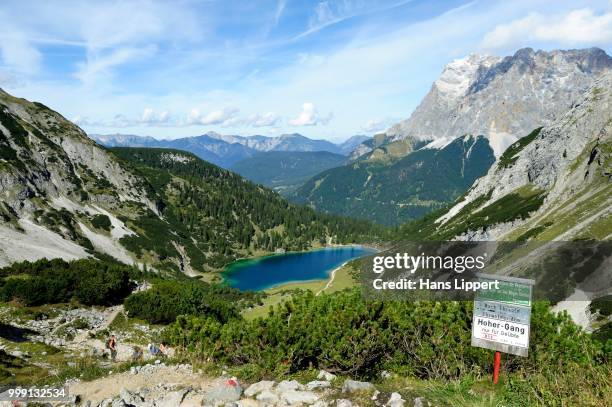 panoramic views from coburg hut to seebensee lake and mt zugspitze, ehrwald, tyrol, austria, publicground - werdenfelser land stock pictures, royalty-free photos & images