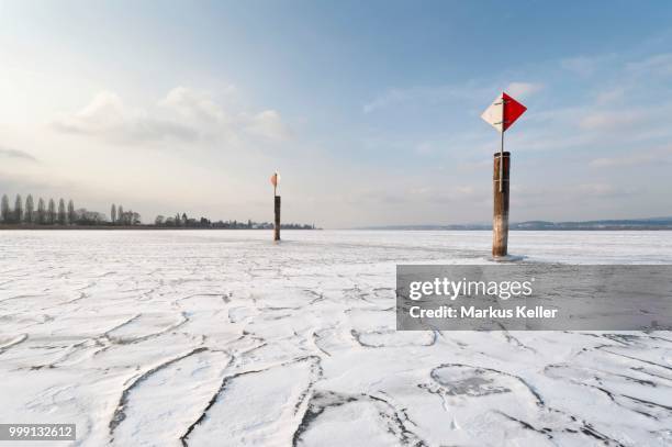 navigation mark on a frozen lake constance with skaters, island auf reichenau, konstanz district, baden-wuerttemberg, germany - keller ストックフォトと画像