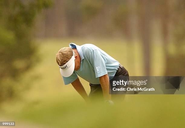 Stuart Appleby of Australia agonises over a loose shot during the final round of the Holden Australian Open Golf Tournament held at The Grand Golf...