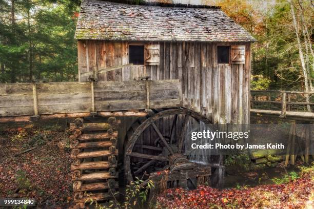 built in the 1870s, the john p. cable mill is still a working overshoot grist mill and one of the many historic buildings in cade's cove. - cade stockfoto's en -beelden