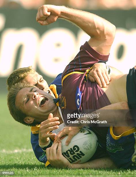 Dane Carlaw of the Broncos celebrates after scoring a try during the NRL second Preliminary final match between the Parraamatta Eels and the Brisbane...