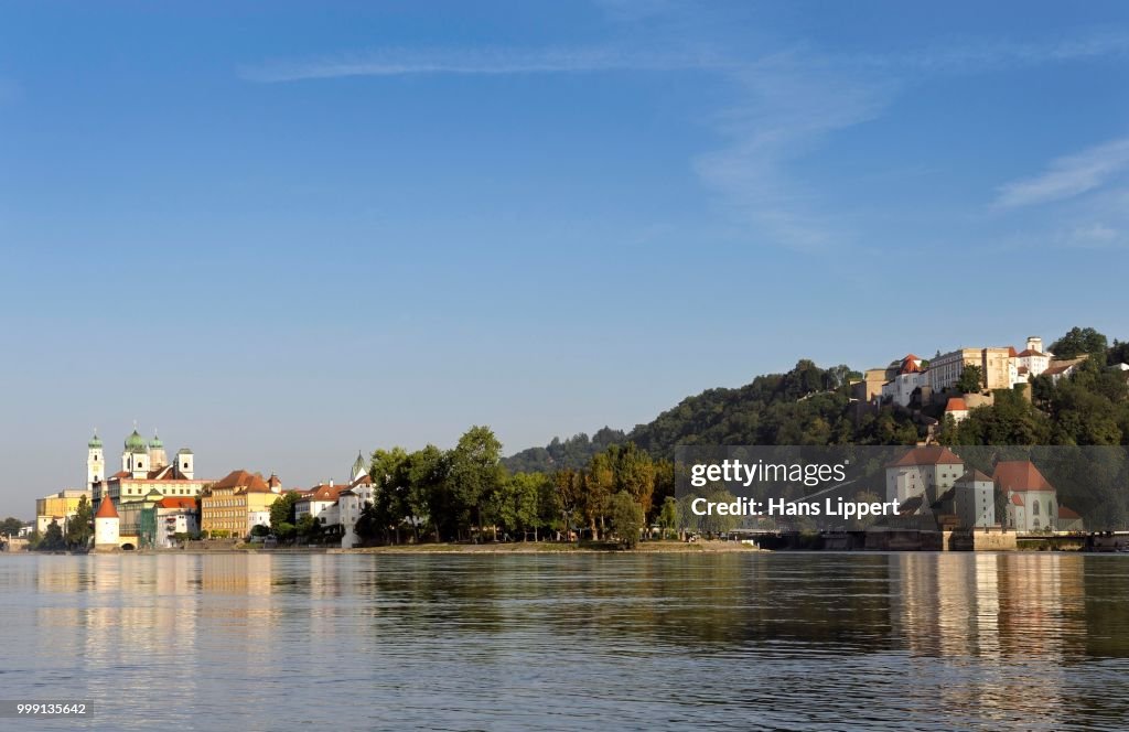 Dreifluesseeck, Three-River-Corner, the confluence of the Danube, Inn and Ilz rivers, St. Stephen's Cathedral, Veste Oberhaus fortress and Veste Niederhaus fortress, Passau, Lower Bavaria, Bavaria, Germany, PublicGround
