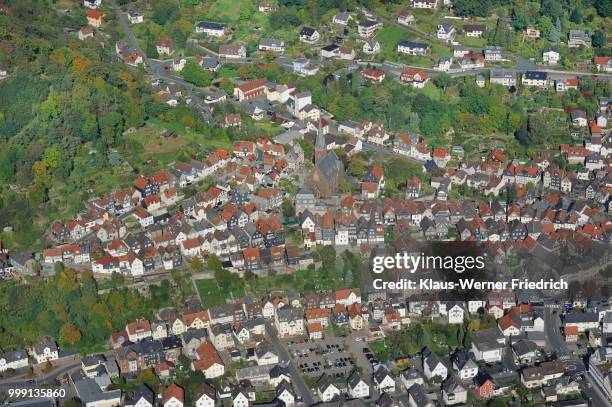 aerial view of biedenkopf with the protestant?lutheran church and lahntal valley, hinterland, district of marburg-biedenkopf, hesse, germany - werner stock pictures, royalty-free photos & images