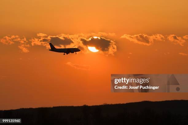 jet landing at sunset, schwechat near vienna, austria - contre jour stock-fotos und bilder