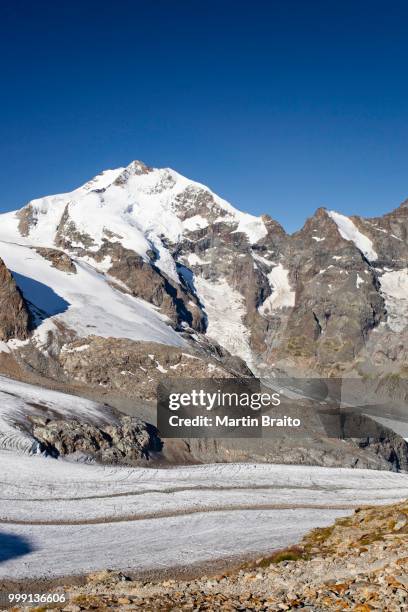 view during the ascent of piz palue mountain towards the summit of bernina mountain with the bianco ridge, with pers glacier at the front, grisons, switzerland - top bianco stock pictures, royalty-free photos & images