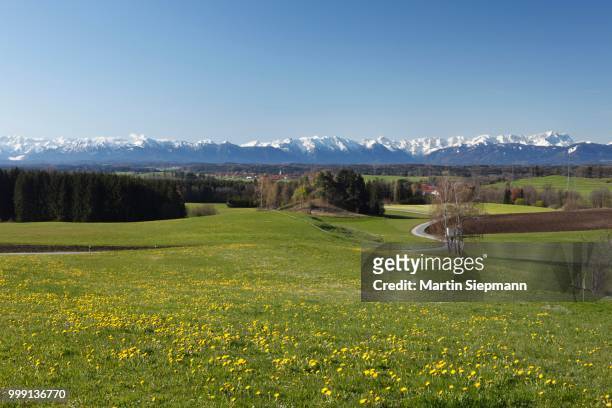 alpine foothills with diemendorf, tutzing municipality, with zugspitze mountain at the rear right, fuenfseenland, five lakes district, upper bavaria, bavaria, germany - wetterstein mountains stock pictures, royalty-free photos & images