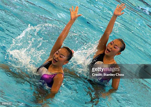 Valerie Ho Pui Yoong and Adeline Ho Pui Min of Singapore in action during the Technical Duets Event held at the National Aquatic Centre, Bukit Jalil,...