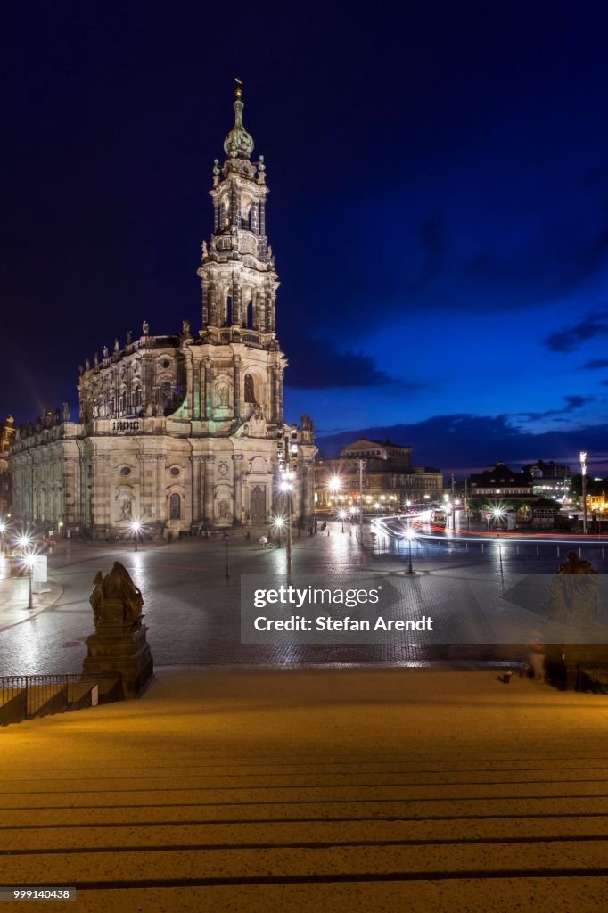 Magic hour, dusk, at Hofkirche, Catholic Church of the Royal Court of Saxony, Kathedrale Sanctissimae Trinitatis, Cathedral of the Holy Trinity, Dresden, Saxony, Germany