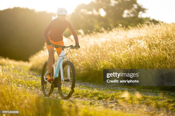 eine frau auf elektrische sommer sonnenschein kulturlandschaft mountainbikestrecke - bicycle trail outdoor sports stock-fotos und bilder