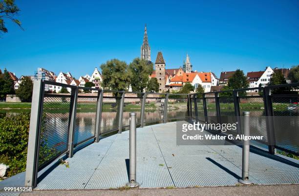 observation platform, panorama across the danube river towards ulm with ulm minster and metzgerturm, butchers tower, baden-wuerttemberg, germany, publicground - floating platform stock pictures, royalty-free photos & images