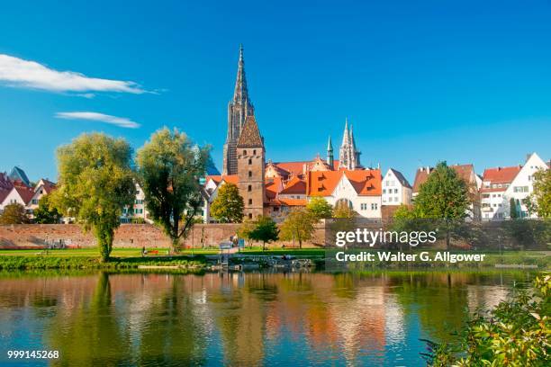 panorama across the danube river towards ulm with ulm minster and metzgerturm, butchers tower, baden-wuerttemberg, germany, publicground - ulm minster stock pictures, royalty-free photos & images