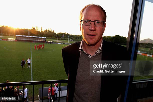 Former German football player Matthias Sammer looks on after the U19 Championship Elite Round match between Germany and Poland at Bakenbos on May 18,...