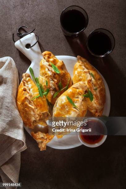 leek, cheese & potato homemade pasties with red wine and spicy s - leek stock pictures, royalty-free photos & images