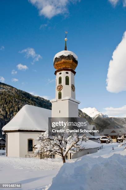 snow-covered church, st gallenkirch, montafon, vorarlberg, austria - onion dome stock pictures, royalty-free photos & images