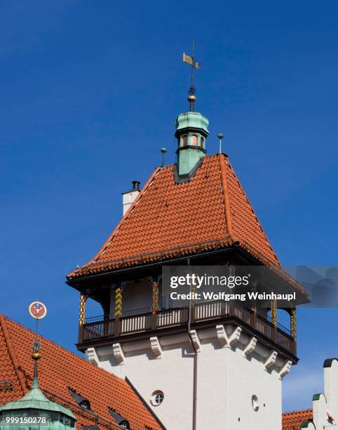 tower of historic house in historic centre, kufstein, tyrol, austria - kufstein stock pictures, royalty-free photos & images