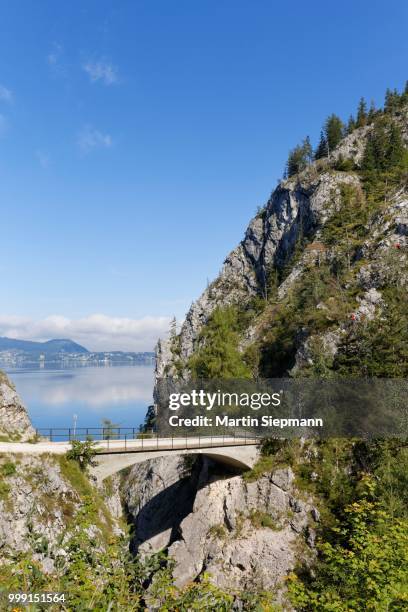 bridge across the lainaugraben, traunstein mountain, lake traun, gmunden, salzkammergut, traunviertel region, upper austria, austria - escarpment ストックフォトと画像