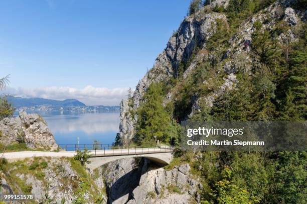 bridge across the lainaugraben, traunstein mountain, lake traun, gmunden, salzkammergut, traunviertel region, upper austria, austria - escarpment stock pictures, royalty-free photos & images