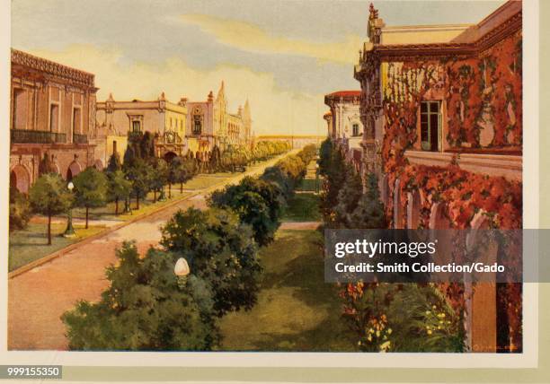 Color print depicting a view down an empty street, edged with lush gardens, street lamps, and Italianate or Spanish Colonial Revival buildings, one...