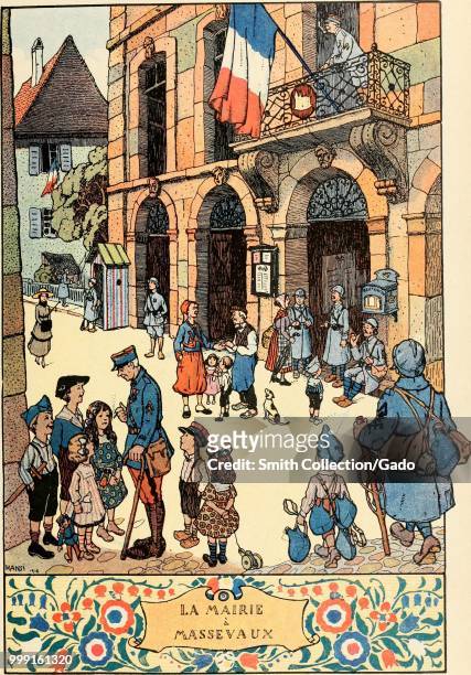 Colorful print showing a scene in Masevaux, a city in north-eastern France, with a large French flag hung from a balcony over the entrance to the...