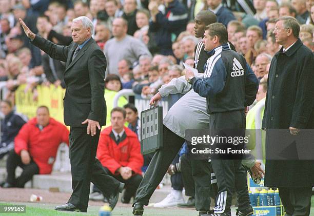 Alex Ferguson and Bobby Robson during the match between Newcastle United and Manchester United in the FA Barclaycard Premiership at St James Park,...