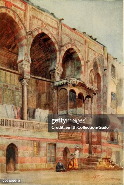 Color print depicting the external facade of the fifteenth-century funerary complex of Sultan al-Ashraf Qaytbay in Cairo, Egypt, built in the Mamluk...