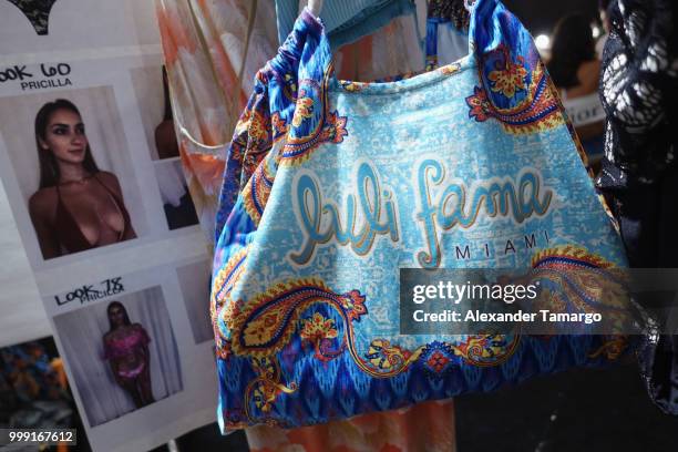 View of the gift bags backstage for Luli Fama during the Paraiso Fashion Fair at The Paraiso Tent on July 14, 2018 in Miami Beach, Florida.