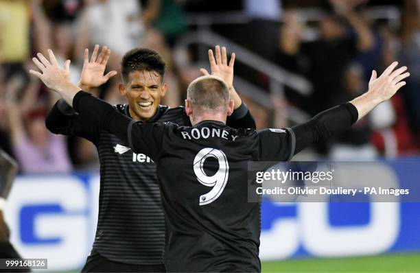 United player Wayne Rooney celebrates during the Major League Soccer match between D.C. United and Vancouver Whitecaps FC at the Audi Field Stadium...