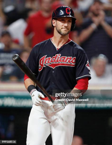 Yan Gomes of the Cleveland Indians reacts as his selection to the All Star Game is announced during the ninth inning against the New York Yankees at...