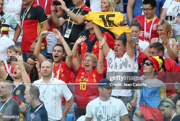 Thierry Hazard and Carine Hazard, parents of Eden Hazard of Belgium celebrate the goal of their son securing the victory during the 2018 FIFA World...