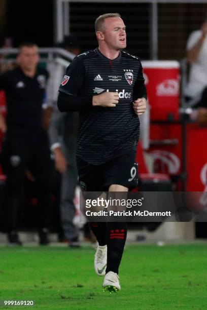 Wayne Rooney of DC United enters the game in the second half against the Vancouver Whitecaps during his MLS debut at Audi Field on July 14, 2018 in...