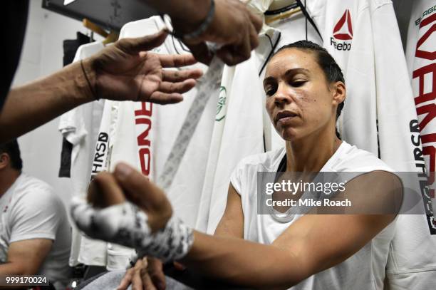 Marion Reneau gets her hands wrapped backstage during the UFC Fight Night event inside CenturyLink Arena on July 14, 2018 in Boise, Idaho.
