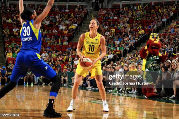 Sue Bird of the Seattle Storm passes the ball during the game against the Dallas Wings on July 14, 2018 at Key Arena in Seattle, Washington. NOTE TO...