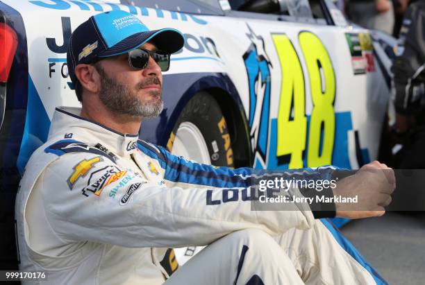 Jimmie Johnson, driver of the Lowe's/Jimmie Johnson Foundation Chevrolet, sits on the grid prior to the Monster Energy NASCAR Cup Series Quaker State...