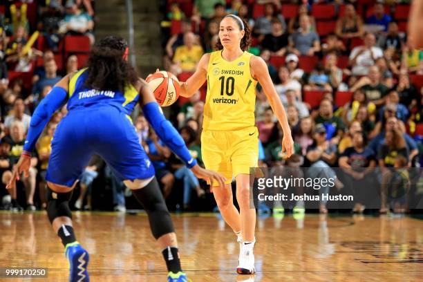 Sue Bird of the Seattle Storm shoots the ball during the game against the Dallas Wings on July 14, 2018 at Key Arena in Seattle, Washington. NOTE TO...