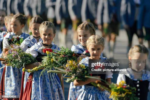 Girls in traditional attire walking from church to the Festplatz after mass carrying their bundles of herbs on the Feast of the Assumption in Kochel...